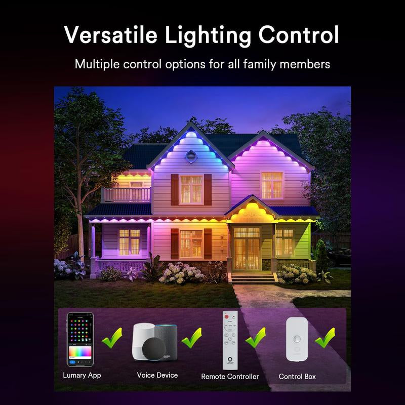 Lumary Permanent Outdoor Lights Max, RGBAICW Smart Outdoor Lights, IP67 Waterproof, IC Control & Scene Modes with Voice Control Permanent Outdoor Lights RGBIC Smart Eaves Light with APP Control RGBIC Outdoor