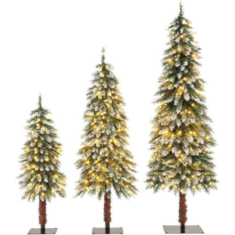 COSTWAY Pre-Lit Artificial Christmas Tree, Snow Flocked Slim Pencil Christmas Tree with Multi-Color & Warm-White LED Lights, Xmas Holiday Decoration Tree