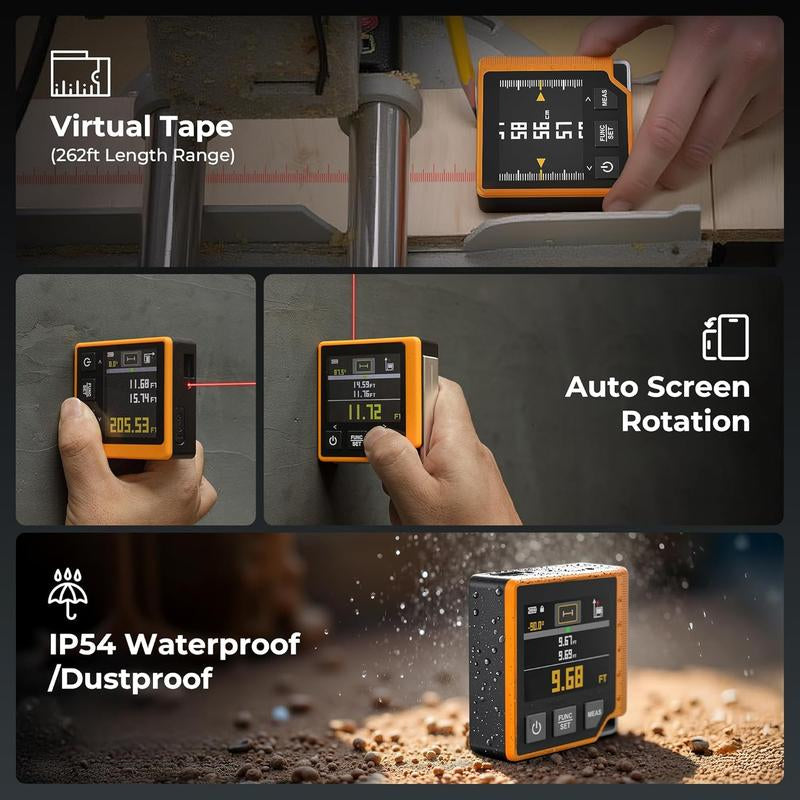 3-In-1 Rechargeable Laser Measuring Tool, 262Ft Laser Distance Meter with Digital Angle Finder & Level, 6 Units (M/In/Ft/Cm/Mm/Ft+In), 2.4'' Color Backlit Display, Area/Volume/Pythagorean Modes