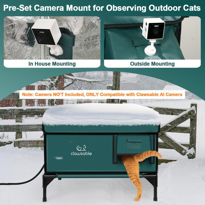 Clawsable Indestructible Heated Cat House for outside Cats Winter, 100% Weatherproof, Safe Escape Door, Insulated Outdoor Cat Shelter with Heater for Feral Barn Cat Kitty