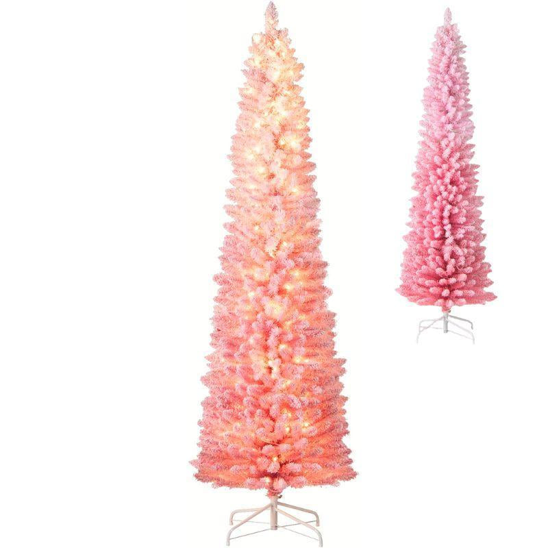 COSTWAY Pre-Lit Artificial Christmas Tree, Snow Flocked Slim Pencil Christmas Tree with Multi-Color & Warm-White LED Lights, Xmas Holiday Decoration Tree