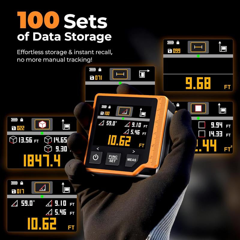 3-In-1 Rechargeable Laser Measuring Tool, 262Ft Laser Distance Meter with Digital Angle Finder & Level, 6 Units (M/In/Ft/Cm/Mm/Ft+In), 2.4'' Color Backlit Display, Area/Volume/Pythagorean Modes