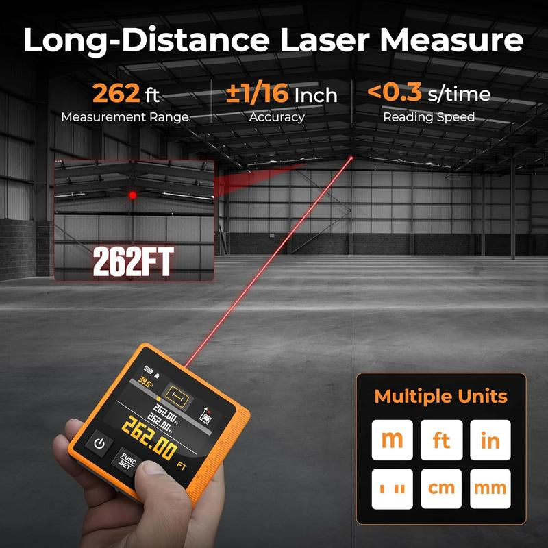 3-In-1 Rechargeable Laser Measuring Tool, 262Ft Laser Distance Meter with Digital Angle Finder & Level, 6 Units (M/In/Ft/Cm/Mm/Ft+In), 2.4'' Color Backlit Display, Area/Volume/Pythagorean Modes