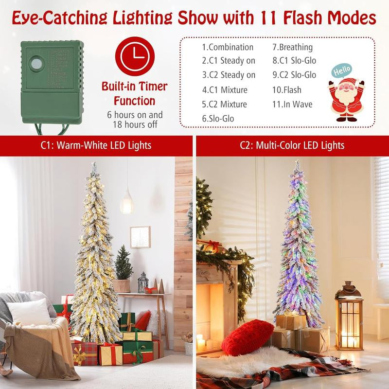 COSTWAY Pre-Lit Artificial Christmas Tree, Snow Flocked Slim Pencil Christmas Tree with Multi-Color & Warm-White LED Lights, Xmas Holiday Decoration Tree