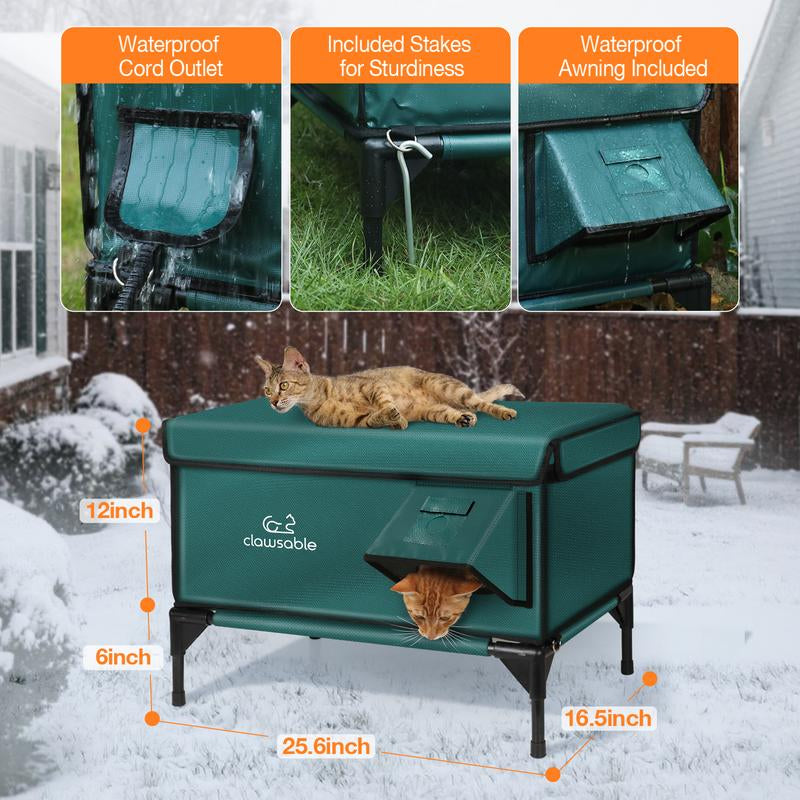 Clawsable Indestructible Heated Cat House for outside Cats Winter, 100% Weatherproof, Safe Escape Door, Insulated Outdoor Cat Shelter with Heater for Feral Barn Cat Kitty