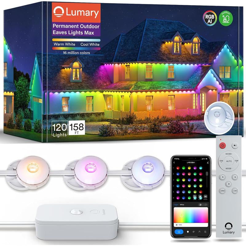 Lumary Permanent Outdoor Lights Max, RGBAICW Smart Outdoor Lights, IP67 Waterproof, IC Control & Scene Modes with Voice Control Permanent Outdoor Lights RGBIC Smart Eaves Light with APP Control RGBIC Outdoor