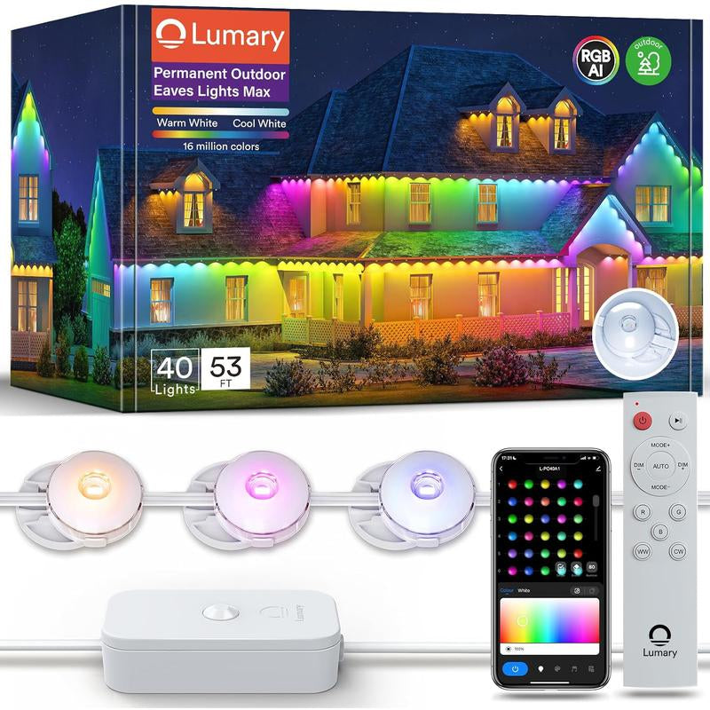 Lumary Permanent Outdoor Lights Max, RGBAICW Smart Outdoor Lights, IP67 Waterproof, IC Control & Scene Modes with Voice Control Permanent Outdoor Lights RGBIC Smart Eaves Light with APP Control RGBIC Outdoor