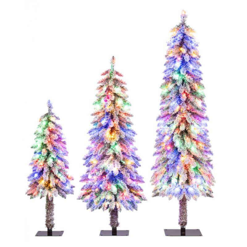COSTWAY Pre-Lit Artificial Christmas Tree, Snow Flocked Slim Pencil Christmas Tree with Multi-Color & Warm-White LED Lights, Xmas Holiday Decoration Tree