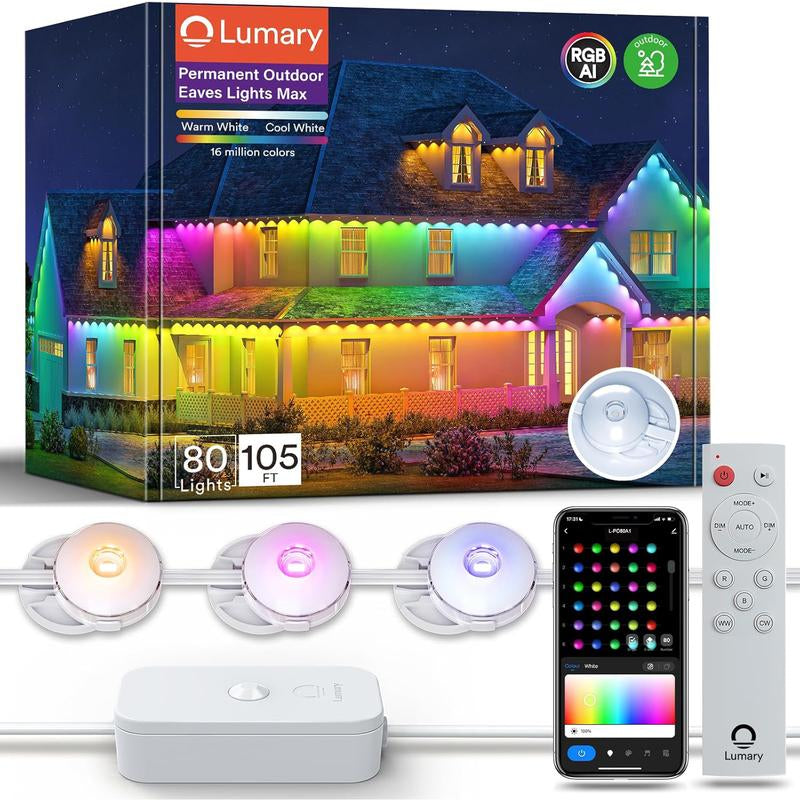 Lumary Permanent Outdoor Lights Max, RGBAICW Smart Outdoor Lights, IP67 Waterproof, IC Control & Scene Modes with Voice Control Permanent Outdoor Lights RGBIC Smart Eaves Light with APP Control RGBIC Outdoor